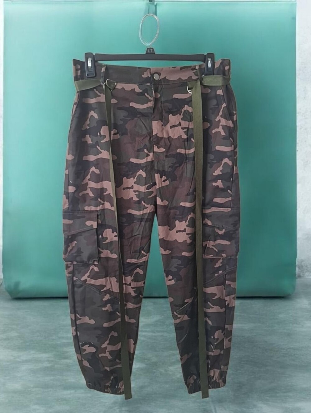 Camouflage Cargo Pants Elastic Waist Polyester Elastane Green Brown XL